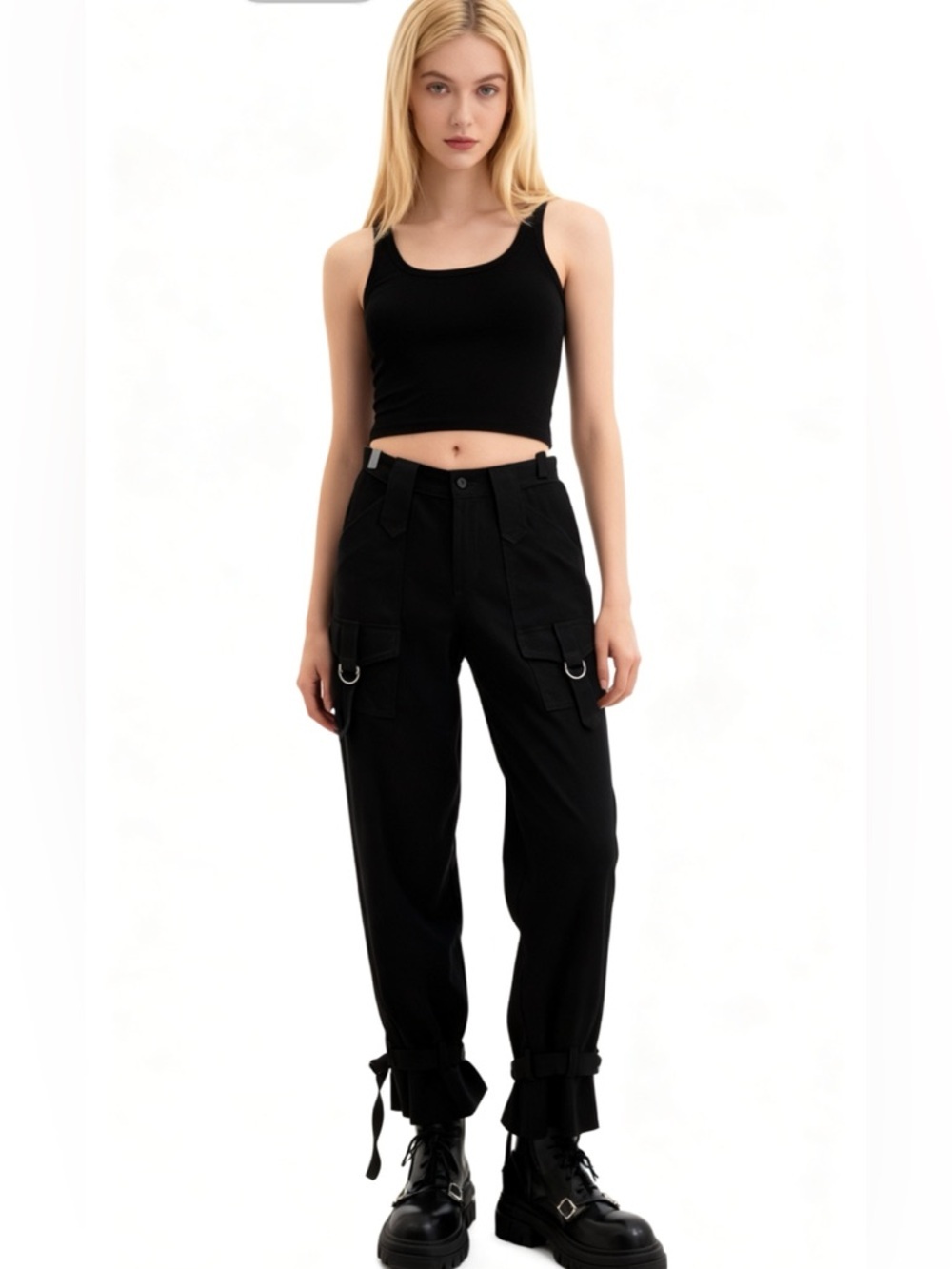 A.B.S by Allen Schwartz Women's Black Cargo Pants D-Ring Pockets Ankle Straps 4
